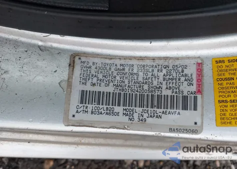 2002 Lexus Is 300 from USA, damaged, VIN JTHBD192420058573